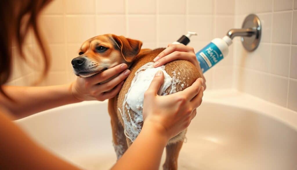 A person in a home bathroom gently bathing a medium-sized dog with a medicated shampoo, focusing on scrubbing the dog's back and belly. The dog has a calm, relaxed expression as the person's hands work the shampoo into a light lather. Warm, soft lighting illuminates the scene, creating a soothing, intimate atmosphere. The background features simple, clean tile and bathroom fixtures, keeping the focus on the caring interaction between the person and their canine companion.