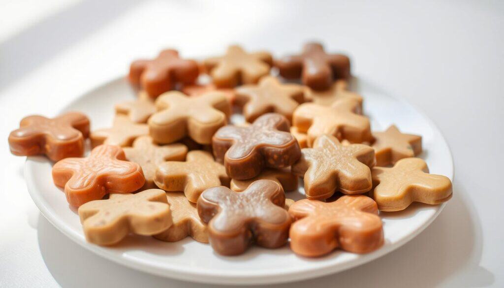 A plate of mouth-watering, homemade lickable cat treats arranged in an appealing, artful display. The treats are made with natural, high-quality ingredients like chicken, tuna, and catnip, presented in a variety of shapes and colors. The treats are placed on a clean, bright white surface, illuminated by soft, natural lighting that brings out their glossy, tempting textures. The overall scene conveys a sense of health, indulgence, and irresistible appeal for the feline viewer. The camera angle is slightly elevated, creating a view that showcases the treats' enticing details and appetizing presentation.