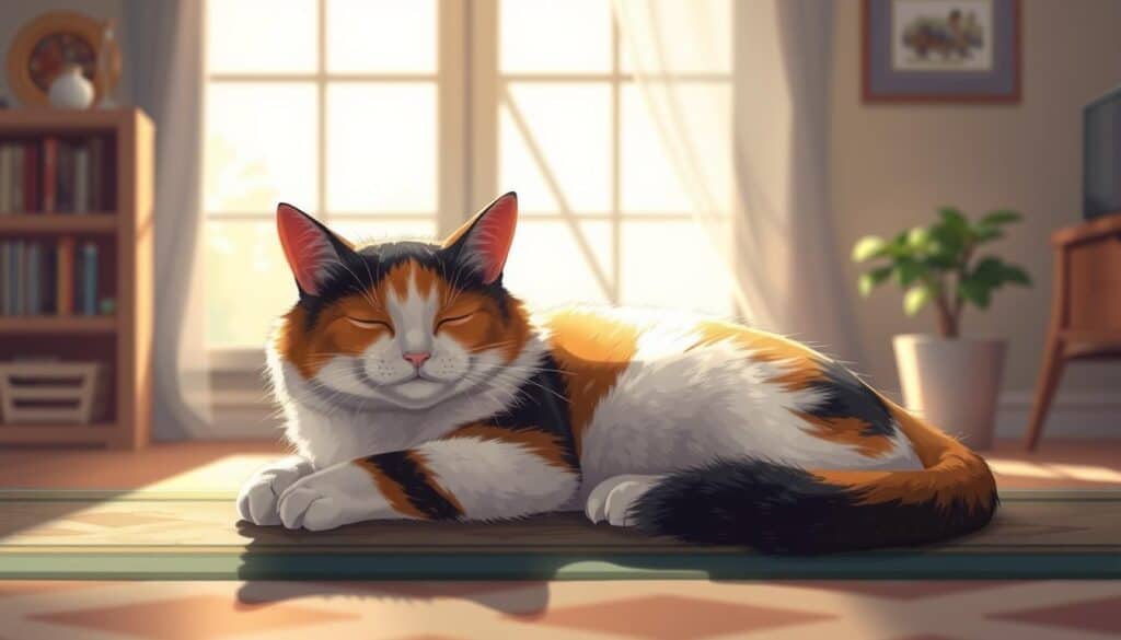 A realistic digital illustration of a calico cat resting peacefully, basking in soft, warm sunlight that filters through a window. The cat is centered in the frame, its fluffy fur gently illuminated. The background features a cozy, domestic interior with subtle details like a bookshelf, a potted plant, and a patterned rug, creating a serene, homely atmosphere. The lighting is natural, with slight shadows and highlights accentuating the cat's form. The composition is balanced, inviting the viewer to observe the tranquil scene. This image effectively conveys the general timeframes a cat can go without food, with the relaxed pose and comfortable environment.