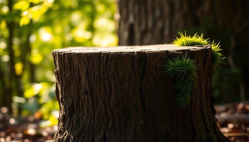 A rustic tree stump stands in a cozy, natural setting, the rough bark textured and inviting. Sunlight filters through the verdant foliage, casting a warm, earthy glow. The stump's surface is adorned with deep, satisfying scratches, evidence of a cat's playful explorations. Lush, verdant moss creeps up the sides, adding a touch of whimsy. The composition is framed by the soft, out-of-focus backdrop of a forest, hinting at a serene, secluded atmosphere. The overall scene evokes a sense of tranquility and the simple pleasures of a homemade cat toy.