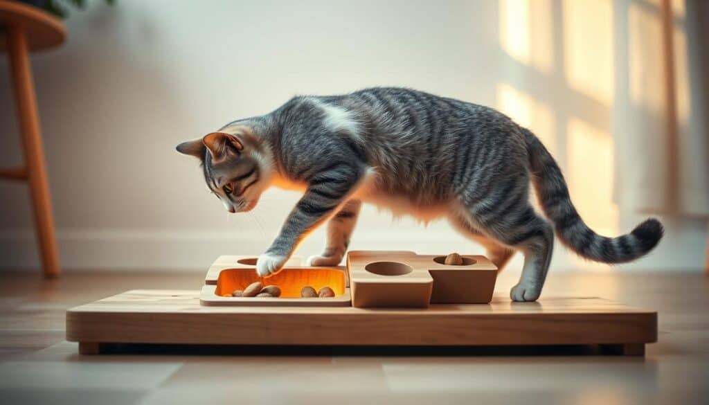 A sleek, modern puzzle feeder designed for feline entertainment and mental stimulation. A sturdy, wooden base supports a series of interconnected puzzle pieces, each with various shapes and textures that a curious cat must manipulate to reveal hidden treats. Diffused, warm lighting from above illuminates the feeder, creating an inviting and serene atmosphere that encourages playful exploration. The puzzle's subtle earth-toned color palette and minimal, Scandinavian-inspired design aesthetic blend seamlessly with modern home decor. Shot from a low angle, the feeder is presented in sharp focus, the cat's paws just visible as they interact with the engaging puzzle.