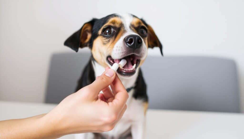 A small dog sitting on a table, its mouth open, as a human hand carefully places a pill between its lips. The scene is well-lit, with soft shadows and a clean, minimal background, emphasizing the focus on the delicate task at hand. The dog's expression is calm and trusting, and the human's hand is gentle and experienced. The composition highlights the intimacy and care required to give a small dog a pill without the use of food.