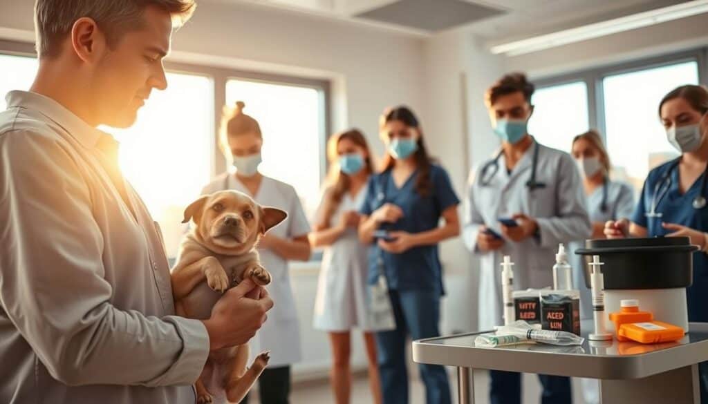 A veterinary clinic scene, well-lit with warm natural light filtering through large windows. In the foreground, a concerned pet owner holds a small dog, gently examining its mouth and body for signs of distress. The middle ground features a team of veterinary staff, ready to spring into action with emergency equipment and supplies - syringes, activated charcoal, and other first-aid items. The background showcases the clean, modern clinic interior, creating a sense of professionalism and care. The overall mood is one of urgency and attentiveness, as the veterinary team prepares to provide immediate treatment for the dog that may have consumed onion.