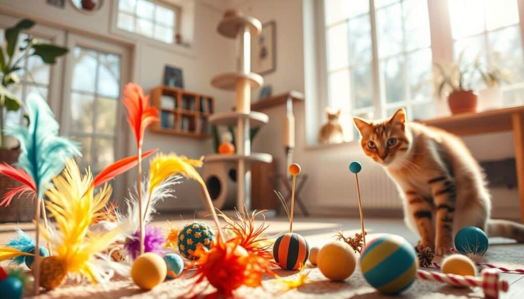A vibrant and playful assortment of interactive cat toys, meticulously crafted to captivate feline attention and alleviate boredom. In the foreground, a selection of colorful and enticing toys, including feather teasers, crinkly balls, and dangling strings, all designed to pique a cat's natural hunting instincts. In the middle ground, a gleaming metal cat tower with various platforms and scratching posts, inviting the cat to explore and exercise. The background features a cozy, sun-dappled room, with large windows allowing warm, natural light to filter in, creating a soothing and inviting atmosphere. The overall scene exudes a sense of playfulness, energy, and a deep understanding of a cat's needs for physical and mental stimulation.