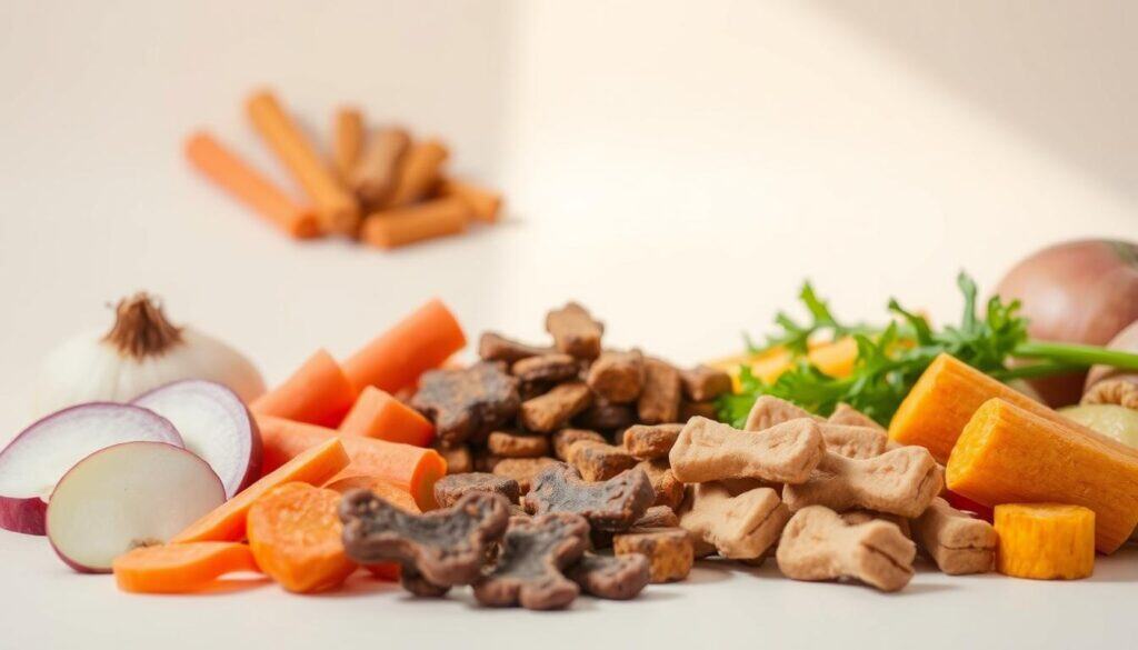 A vibrant still life scene depicting an assortment of safe, healthy dog treats and snacks. In the foreground, a variety of fresh fruits and vegetables are carefully arranged, including sliced carrots, apple wedges, and pieces of sweet potato. In the middle ground, small piles of dehydrated meat-based treats and dental chews stand out against a light-colored background. The lighting is soft and natural, creating a calming, inviting atmosphere. The composition is balanced and visually appealing, showcasing the nutritious, dog-friendly ingredients in an appetizing way. The overall image conveys a sense of care and attention to a dog's dietary needs, aligning with the "Preventing Onion Toxicity in Dogs" section of the article.
