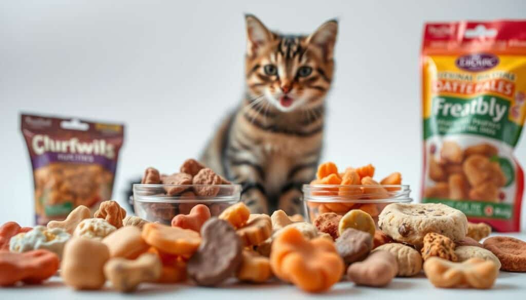A vibrant, well-lit photograph of a variety of lickable cat treats, including colorful, soft-textured chews, flavorful pastes, and crunchy bites, arranged on a clean, white background. The treats are positioned in the foreground, with a shallow depth of field, drawing the viewer's attention to the enticing textures and inviting aromas. In the middle ground, a playful tabby cat sits upright, intently focused on the treats, its tongue partially extended in anticipation. The background is subtly blurred, creating a sense of depth and emphasizing the cat's eager expression. The overall scene conveys the healthy, satisfying, and delightful nature of lickable cat treats, inspiring the viewer to consider their numerous benefits for their feline companions.