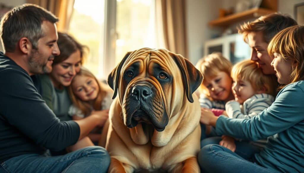 A warm and inviting family scene with a gentle bullmastiff at the center, surrounded by adoring loved ones. The dog's powerful yet docile presence commands attention, its large frame softened by affectionate nuzzles from children playing nearby. Soft, natural lighting filters through the window, casting a golden glow across the tranquil domestic setting. The bullmastiff's eyes convey an innate kindness and patience, underscoring its reliable, devoted temperament. Harmonious body language between the canine and humans emphasizes the breed's gentle nature and willingness to bond with its family. An intimate, heartwarming depiction of the bullmastiff's reliable, patient, and affectionate personality.