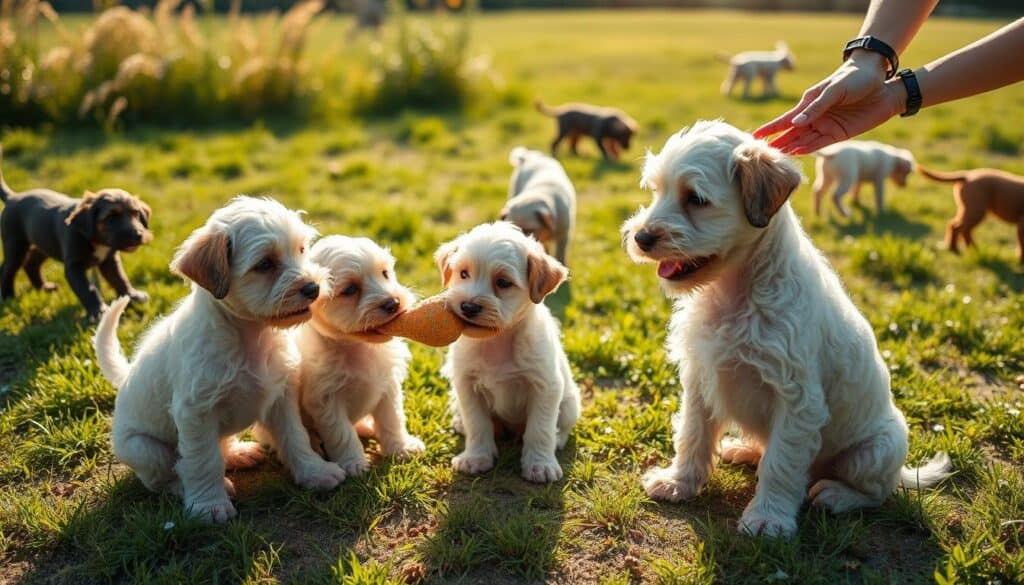 A warm, sunny outdoor setting with a group of Bedlington Terrier puppies playfully socializing. In the foreground, two puppies engage in a gentle tug-of-war over a chew toy, their fluffy, curly coats gleaming. In the middle ground, a puppy sits obediently as a caregiver rewards it with a treat, encouraging positive interactions. In the background, other puppies explore the environment, sniffing plants and chasing each other across a lush, grassy field. The scene is bathed in soft, natural lighting, creating a sense of comfort and safety, as the puppies learn valuable social skills through supervised playtime. A warm, sunny outdoor setting with a group of Bedlington Terrier puppies playfully socializing. In the foreground, two puppies engage in a gentle tug-of-war over a chew toy, their fluffy, curly coats gleaming. In the middle ground, a puppy sits obediently as a caregiver rewards it with a treat, encouraging positive interactions. In the background, other puppies explore the environment, sniffing plants and chasing each other across a lush, grassy field. The scene is bathed in soft, natural lighting, creating a sense of comfort and safety, as the puppies learn valuable social skills through supervised playtime.