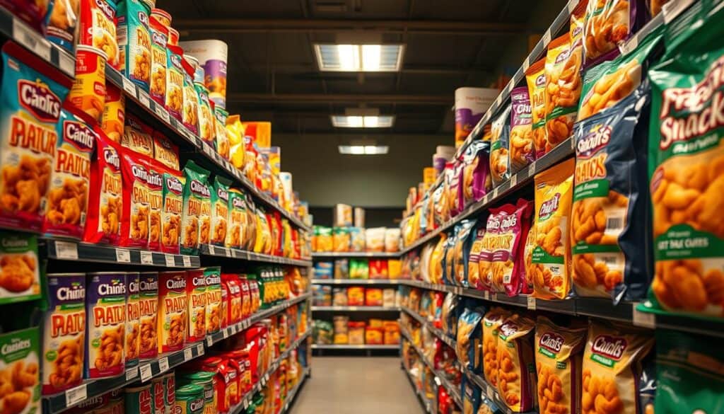 A well-lit grocery store aisle, shelves stocked with a variety of colorful cat snack packages in tubes, cans, and bags. Closeup shots of different flavors and textures, from savory meat-based treats to crunchy biscuits and soft chews. Warm, inviting lighting casts a cozy glow, highlighting the diverse selection. The camera captures the aisle from a cat's eye view, showcasing the abundance of options available for discerning feline palates. A sense of abundance and indulgence, with the products displayed in an organized, appealing manner to draw the viewer's attention.