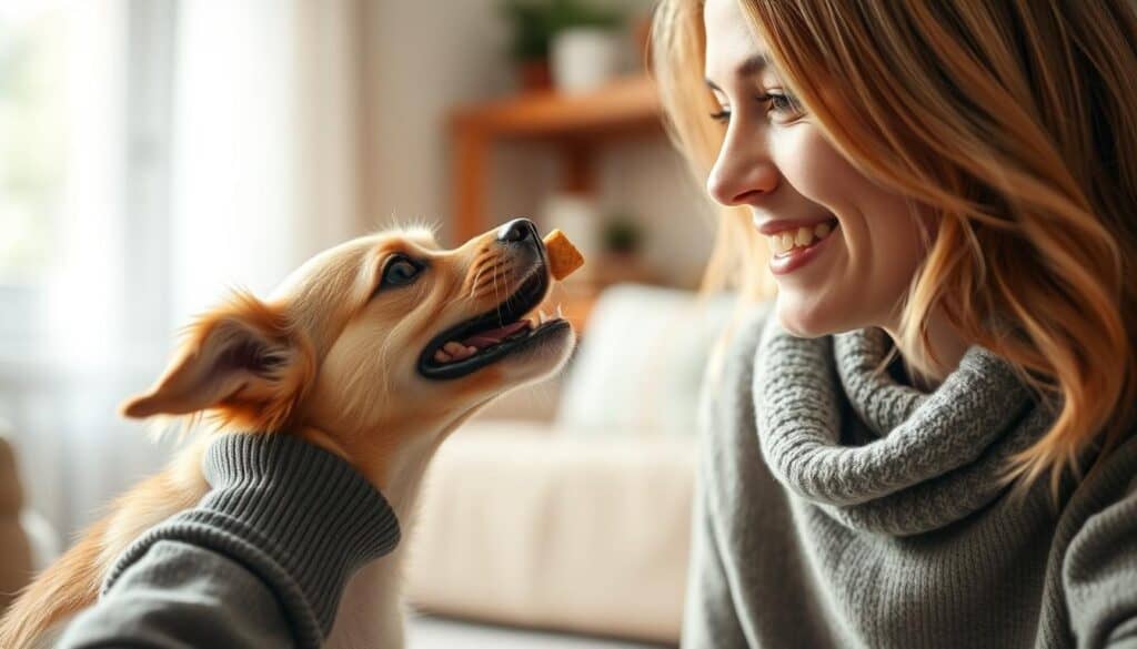 A well-lit, heartwarming scene of a small dog enthusiastically receiving a treat from their owner's outstretched hand, with a gentle, encouraging expression on the owner's face. The dog's body language exudes excitement and trust, as the owner uses positive reinforcement to guide the animal through a challenging task. The background is a cozy, domestic setting, with soft, natural lighting that casts a warm, nurturing glow over the interaction. The overall atmosphere conveys the power of patient, compassionate training to overcome resistance and build a strong bond between human and canine companion.