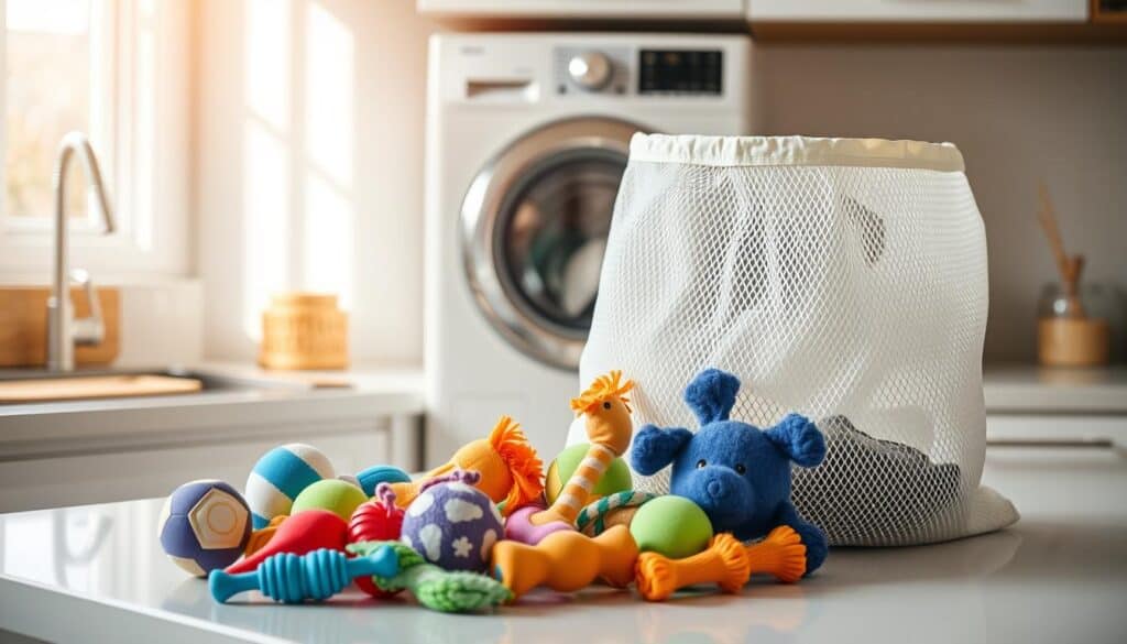 A well-lit kitchen countertop, with a front-loading washing machine in the background. On the counter, a selection of colorful dog toys - balls, plush squeaky toys, and chew toys - arranged neatly. A large, white, open-mesh laundry bag sits nearby, ready to hold the toys. Sunlight streams in through a nearby window, casting a warm, natural glow over the scene. The composition is balanced, with the toys and laundry bag in the foreground, the washing machine in the middle ground, and the bright, airy kitchen in the background. The overall mood is one of cleanliness, organization, and care for the beloved pets.
