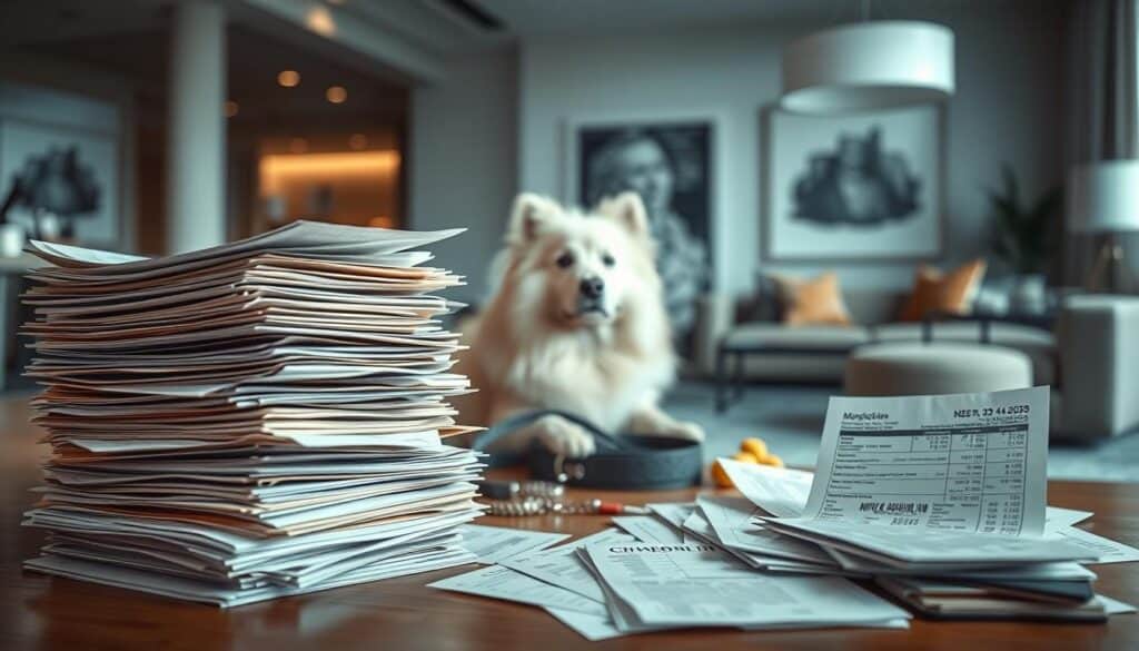 A well-lit, photorealistic scene depicting the general care costs associated with owning an expensive dog breed. In the foreground, display a stack of bills, receipts, and medical invoices, conveying the financial burden of veterinary visits, grooming, and specialized food. In the middle ground, place an elegant, well-groomed pedigree dog, such as a Samoyed or Afghan Hound, surrounded by luxury pet accessories like a designer collar, leash, and toys. In the background, show a modern, upscale home interior with high-end furnishings, suggesting the affluent lifestyle required to maintain an expensive canine companion. Use a shallow depth of field to focus attention on the financial documents, creating a somber, contemplative mood that underscores the significant costs of owning a premium dog breed.