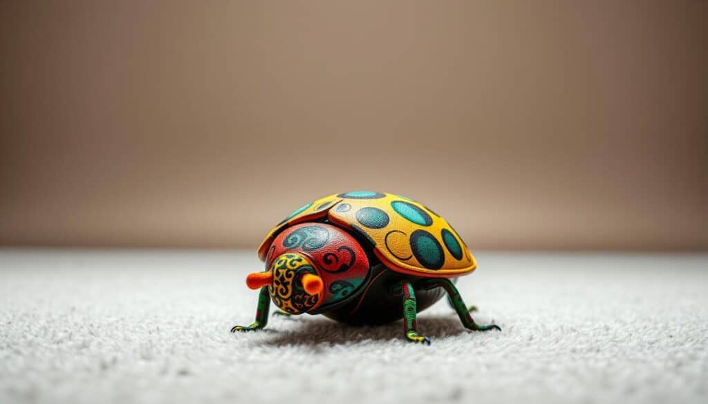 Buggin' Out Puzzle & Play Cat Toy: a visually captivating and tactile interactive cat toy. In the foreground, a vibrant, multi-colored bug-shaped plaything with intricate patterns and textures, designed to pique a cat's natural curiosity and hunting instincts. The toy is positioned on a plush, textured surface, inviting the cat to paw, bat, and explore. Soft, diffused lighting from above creates depth and highlights the toy's engaging details. In the middle ground, a serene, minimalist background with neutral tones and soft gradients, allowing the toy to take center stage. The overall mood is one of playful elegance, presenting an irresistible challenge for the cat to solve and interact with.