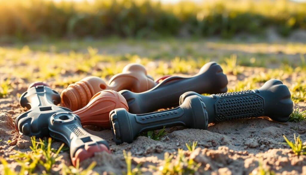 High-quality, ultra-durable dog chew toys for aggressive chewers, featuring various shapes and textures to satisfy their chewing needs. Rugged, extra-thick rubber or thermoplastic polyurethane (TPU) construction with reinforced edges. Detailed, realistic textures with subtle color variations. Toys placed in a natural, outdoor setting with warm, natural lighting from an overhead sun. The toys are scattered across a grassy field with some partially submerged in the soft soil, conveying their strength and resilience. An overall serene, earthy atmosphere that highlights the indestructible nature of these specialized chew toys.