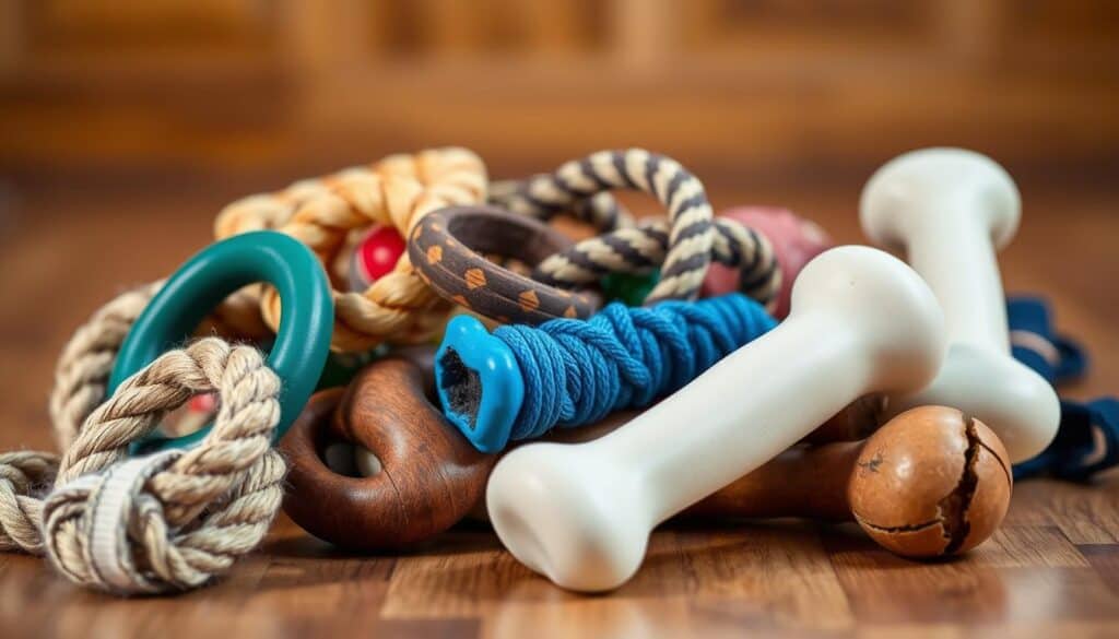Prompt A well-lit, close-up shot of an assortment of dog chew toys arranged neatly on a hardwood surface. The toys include various textures and shapes, such as tough rubber rings, durable braided ropes, and sturdy plastic bones. The lighting casts a warm, natural glow, highlighting the vibrant colors and intricate details of the toys. The background is slightly blurred, creating a focus on the chew toys in the foreground. The overall composition conveys a sense of organization and attention to maintaining these durable playthings for an active, aggressive chewing canine companion.