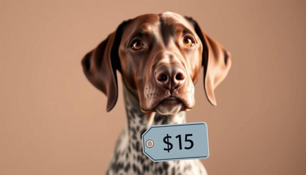 A closeup portrait of a German Shorthaired Pointer set against a muted, minimalist background. The dog's features are rendered in fine detail, its expressive eyes and soft fur reflecting the breed's friendly and alert disposition. The image is bathed in warm, natural lighting, creating a sense of tranquility and focus on the subject. In the foreground, a price tag or cost estimate hovers discreetly, providing the key information about the average price of this breed without distracting from the dog's captivating presence.