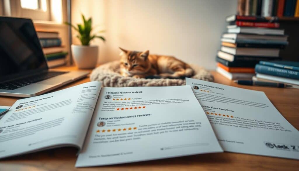A cozy home office setting with a laptop, stacks of books, and a potted plant. In the foreground, several customer review pages are spread out, showcasing testimonials and star ratings for various pet care products and services. The middle ground features a fluffy feline curled up on a plush rug, observing the reviews with a content expression. The background is softly lit, creating a warm and inviting atmosphere, as if the viewer is invited to immerse themselves in the feedback of satisfied pet owners.