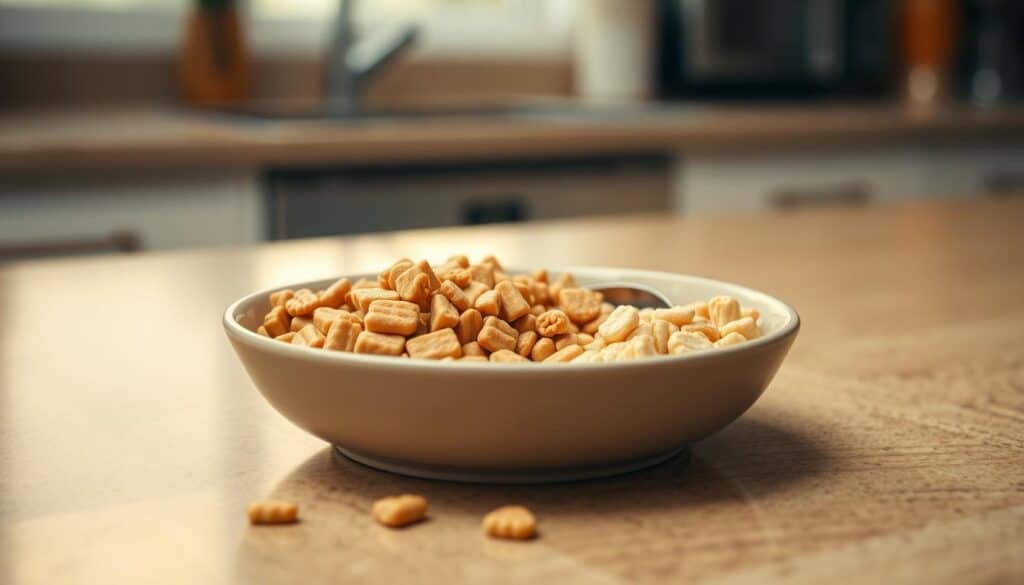 A cozy kitchen counter with a shallow bowl filled with a blend of soft, moist kibble and wet kitten food. The textures and colors transition seamlessly, signifying the gradual shift from one formula to the next. Warm, diffused lighting casts a gentle glow, creating a comforting, inviting atmosphere. The scene captures the delicate process of transitioning a growing kitten's diet, with attention to nutrition and palatability. A pair of tiny paw prints leads up to the bowl, hinting at the feline recipient eagerly awaiting this nutritious meal.
