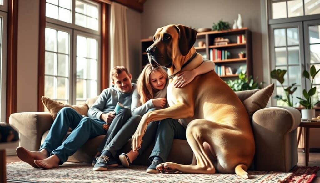 A cozy living room with natural lighting streaming through large windows, highlighting a family of three sitting on a plush couch and cuddling their massive, gentle Great Dane. The dog's soft, fawn-colored coat contrasts with the deep, earthy tones of the room, creating a warm, inviting atmosphere. In the background, a bookshelf and potted plants add to the sense of a nurturing, comfortable space designed to accommodate the needs of a large canine companion. The scene conveys the care, patience, and devotion required to provide a loving home for a giant breed, emphasizing the importance of considering the unique requirements of bigger dogs.