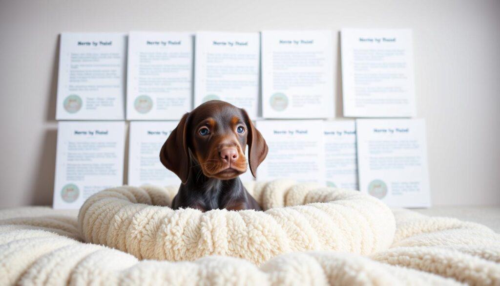 A cozy, well-lit studio scene showcasing a German Shorthaired Pointer puppy selection guide. In the foreground, an adorable GSP puppy nestled in a plush bed, with gentle lighting illuminating its soft fur and soulful eyes. Behind it, an array of informative cards or brochures detailing the key characteristics and considerations for selecting the perfect GSP companion. The middle ground features a clean, minimalist background, allowing the puppy and informational materials to take center stage. The overall mood is warm, inviting, and educational, capturing the essence of finding the ideal GSP puppy.