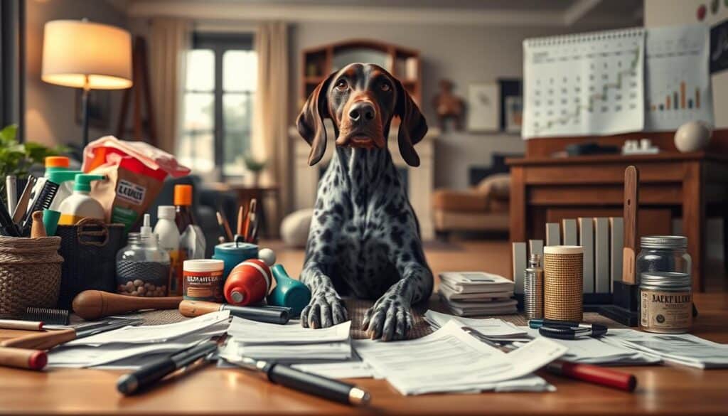 A detailed image depicting the long-term financial costs associated with owning a German Shorthaired Pointer. In the foreground, an array of pet supplies, grooming tools, and veterinary bills are meticulously arranged, conveying the ongoing expenses. The middle ground showcases a well-appointed home interior, hinting at the lifestyle adjustments required to accommodate the dog's needs. In the background, a calendar and a graph chart the accumulating costs over time, reinforcing the long-term financial commitment. The lighting is soft and warm, creating a thoughtful, contemplative atmosphere. The composition is balanced and visually engaging, guiding the viewer through the various cost factors involved in responsible GSP ownership.