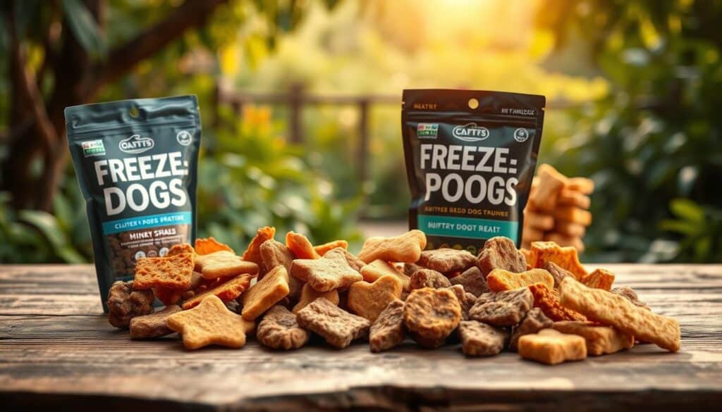A lush, natural setting with a wooden table or rustic surface in the foreground, showcasing an assortment of freeze-dried dog treat varieties. The treats should be arranged neatly, highlighting their diverse shapes, colors, and textures - from crunchy, meaty bites to soft, chewy pieces. Diffused, warm lighting gently illuminates the scene, creating a cozy, inviting atmosphere. The background should feature a softly blurred, natural backdrop, such as a garden or forest, to reinforce the healthy, organic nature of the treats. The overall composition should be visually appealing, showcasing the treats in an appetizing and enticing manner.