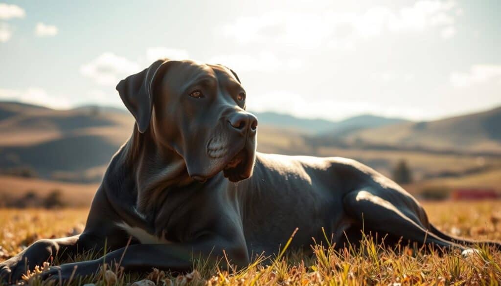A majestic Great Dane rests in a sunlit field, its muscular frame betraying the health challenges that often plague large dog breeds. The background is a serene landscape, with rolling hills and a picturesque sky, creating a sense of tranquility. The lighting is soft and natural, highlighting the dog's expressive features and the gentle movement of its fur. The camera angle is slightly elevated, capturing the dog's regal presence while maintaining a sense of intimacy. The overall atmosphere evokes a thoughtful, contemplative mood, inviting the viewer to consider the unique considerations and needs of these noble, but often short-lived, canine companions.