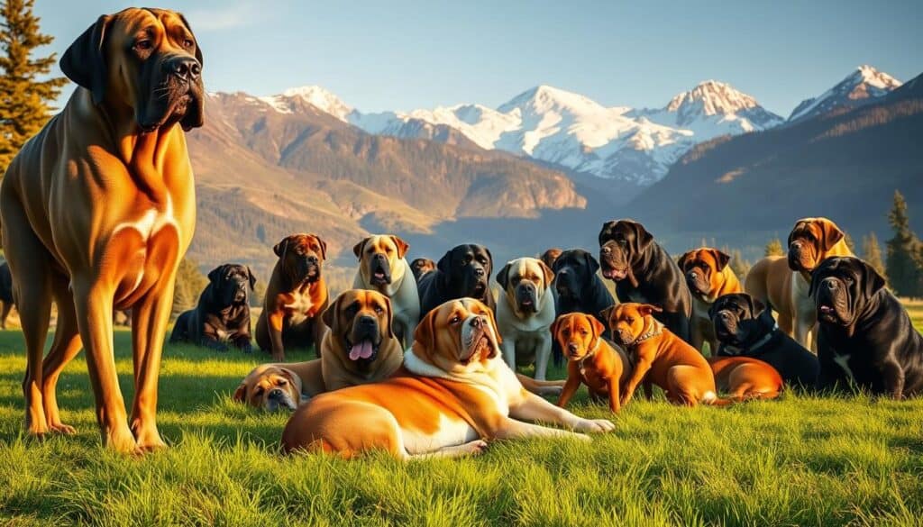 A majestic scene of the largest dog breeds gathered together in a natural setting. In the foreground, a towering Great Dane stands proud, its muscular frame and gentle gaze commanding attention. Surrounding it, a pack of Mastiffs, Saint Bernards, and Newfoundlands lounge in the lush, verdant grass, their massive bodies casting long shadows under the warm, golden sunlight. In the middle ground, a Leonberger and an English Mastiff engage playfully, their size and strength apparent even in their friendly interaction. The background features a serene mountain landscape, the peaks capped with pristine snow, creating a sense of scale and grandeur. The overall atmosphere conveys the power, grace, and magnificence of these truly gigantic canine companions.
