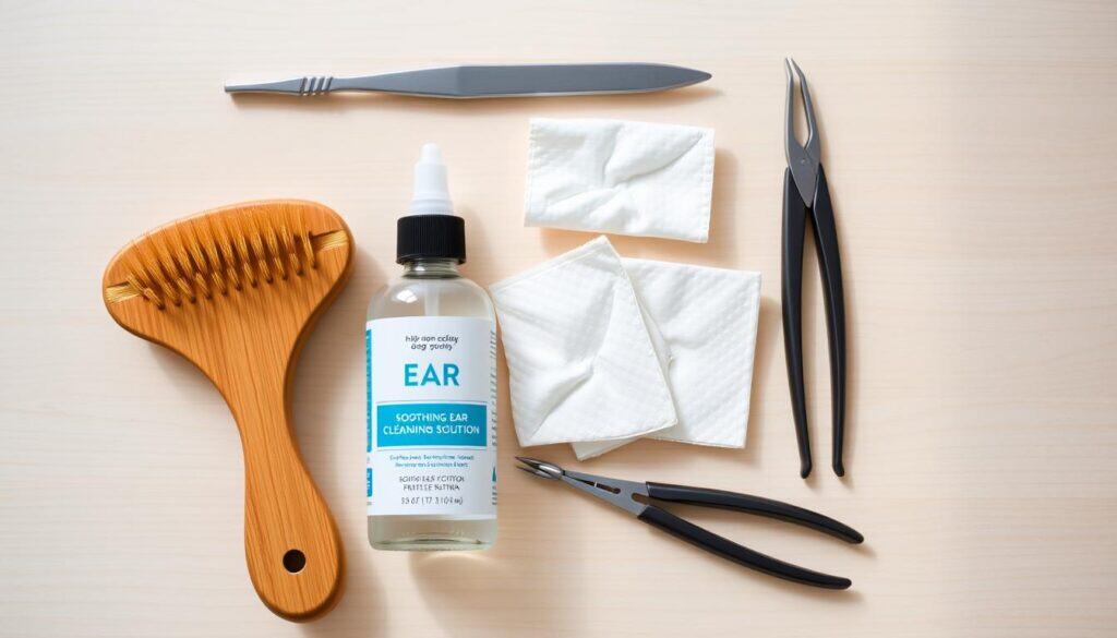 A neatly arranged assortment of high-quality dog ear cleaning tools and accessories, including a gentle bristle brush, soft cotton pads, a bottle of soothing ear cleansing solution, and a pair of sturdy yet comfortable rubber-grip tweezers. The items are presented on a light-colored wooden surface, with soft, natural lighting illuminating the scene. The overall impression conveys a sense of care, attention to detail, and a commitment to the safe and effective grooming of a beloved canine companion.