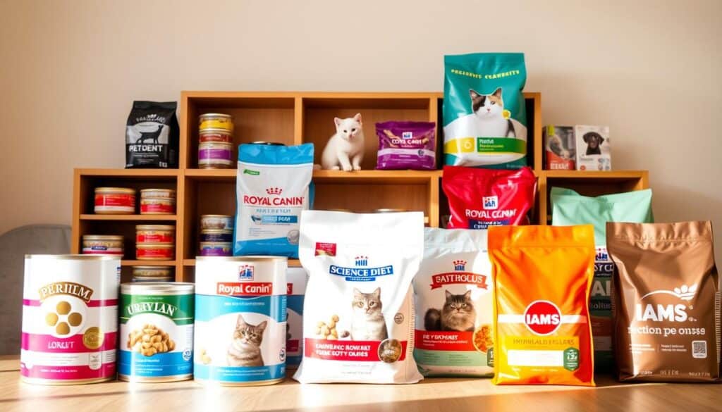 A neatly arranged display of premium pet food brands in a warm, inviting setting. The foreground features several cans and bags of high-quality cat food from top brands like Purina, Royal Canin, Hill's Science Diet, and Iams, arranged in an eye-catching, visually appealing manner. The middle ground showcases a wooden shelving unit or display case, with the products showcased against a neutral, minimalist background. Soft, natural lighting casts a gentle glow, creating a sense of quality and trustworthiness. The overall atmosphere conveys a sense of care, expertise, and a focus on providing the best nutrition for feline companions.