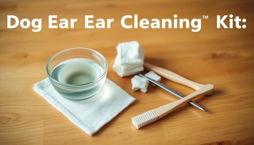 A neatly arranged dog ear cleaning kit placed on a clean, wooden surface. The kit includes a small bowl filled with a gentle cleaning solution, soft cotton pads, a pair of tweezers, and a small brush. The lighting is soft and diffused, creating a warm, inviting atmosphere. The focus is on the kit, with the background slightly blurred to draw attention to the essential components. The composition is balanced and visually appealing, showcasing the tools needed for safe and easy dog ear cleaning.