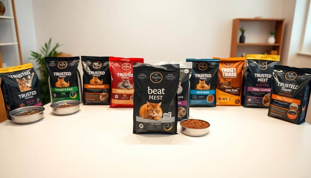 A neatly organized online cat food display with various trusted brand packages prominently featured on a clean, minimalist table. The lighting is soft and diffused, creating a warm, inviting atmosphere. The camera angle is slightly elevated, giving a bird's-eye view of the scene. The focus is sharp, highlighting the texture and quality of the cat food packaging. The background is blurred, keeping the attention on the well-curated selection of trusted online cat food sources.