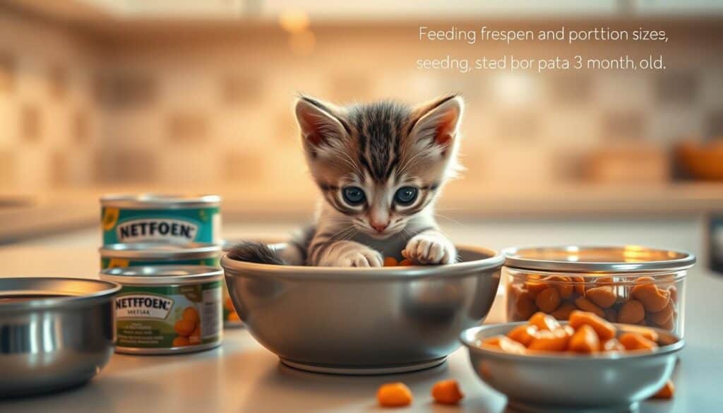 A serene kitchen scene with a 3-month-old kitten nestled in a cozy bowl, surrounded by an assortment of wet food cans and dishes. The kitten's gaze is focused intently on the food, its paws poised to dig in. Warm, soft lighting illuminates the scene, casting a gentle glow. The background features clean, minimalist countertops and a subtly tiled backsplash, creating a calming, domestic atmosphere. The image conveys the ideal feeding frequency and portion size for a 3-month-old kitten, emphasizing the importance of proper nutrition during this crucial stage of development.