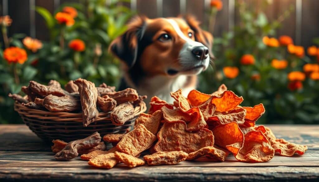 A vibrant still life depicting the health benefits of freeze-dried dog treats. In the foreground, an assortment of natural, wholesome treats - jerky, bites, and chips - arranged on a rustic wooden table. Crisp lighting highlights their texture and color, showcasing their premium quality. In the middle ground, a dog's head emerges, their attentive gaze capturing the enticing aroma. The background features a lush, verdant garden, symbolizing the treats' pure, nature-derived ingredients. Warm, earthy tones create a calming, appetizing atmosphere. The composition conveys the treats' nutritional value and their appeal to both canine and human senses.