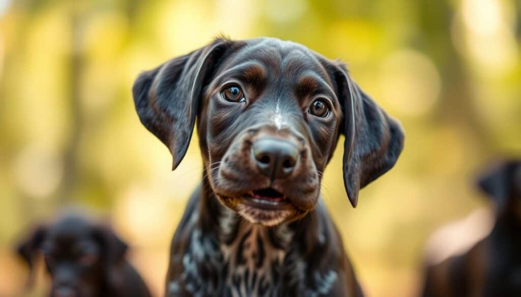 A warm, inviting close-up of a playful German Shorthaired Pointer puppy, its energetic gaze and lively expression capturing the essence of the breed. The pup is set against a softly blurred natural backdrop, perhaps a sun-dappled meadow or forest clearing, conveying a sense of tranquility. Soft, directional lighting illuminates the puppy's glossy coat and highlights its attentive, alert posture, ready to explore. The overall mood is one of affectionate care, guiding the viewer to consider the proper nurturing and attention required for this intelligent, active breed.