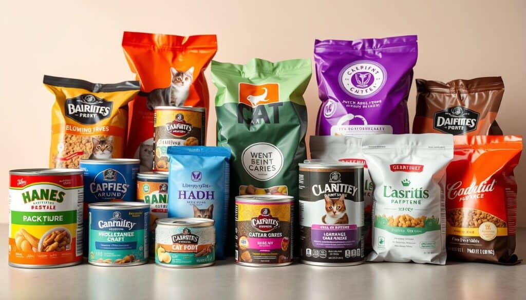 A well-lit close-up photograph of an assortment of wet and dry cat food cans and bags, arranged in a visually appealing and organized manner on a neutral background. The wet food cans should have a variety of flavors and textures, while the dry food bags should showcase different kibble sizes=