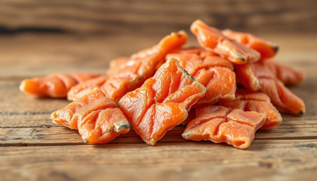 a close-up shot of several freeze-dried wild caught salmon pet treats, arranged neatly on a wooden surface with a natural, rustic background. The salmon treats should have a realistic, high-quality appearance, with visible texture and detail. Soft, warm lighting illuminates the scene, creating a cozy, appetizing atmosphere. The image should convey the premium quality and natural, healthy nature of the treats, suitable for use in an article about freeze-dried salmon dog snacks.