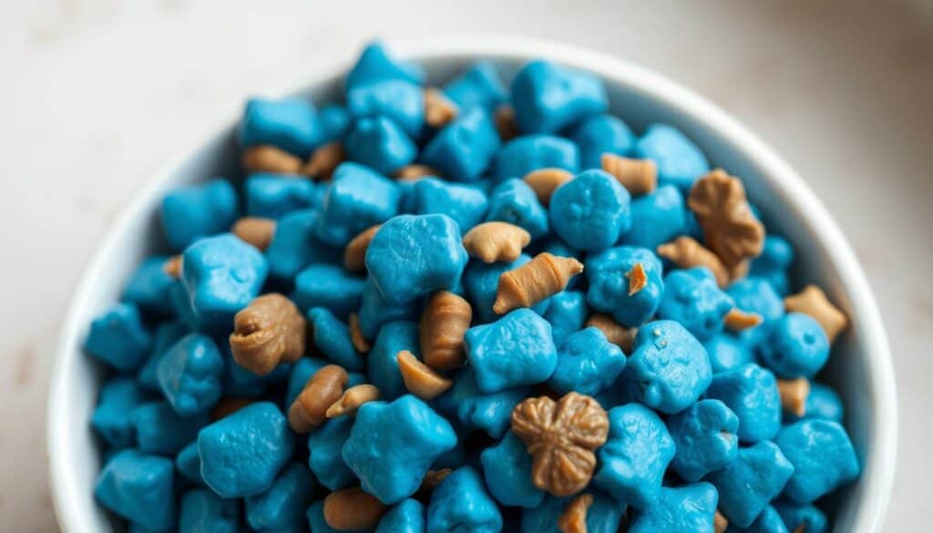 A close-up photograph of a bowl filled with high-quality, nutritious dog food. The dog food is a vibrant shade of blue, made from premium natural ingredients like fruits, vegetables, and whole grains. The bowl is placed on a neutral, light-colored surface, allowing the vivid blue hue to stand out. The lighting is soft and even, highlighting the texture and quality of the ingredients. The image conveys a sense of wholesome, natural nourishment, in line with the Blue Buffalo brand's philosophy of providing pets with the best possible nutrition.