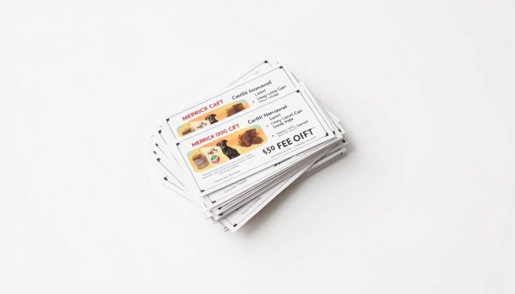 A stack of Merrick dog food coupons, meticulously arranged on a clean, white background. The coupons are presented in a visually appealing manner, showcasing their various designs and discounts. The lighting is soft and diffused, creating a warm, inviting atmosphere that emphasizes the savings opportunities for pet owners. The composition is balanced, with the coupons occupying the central focus, surrounded by negative space that allows them to stand out. The overall scene conveys a sense of excitement and anticipation for the potential savings on high-quality Merrick dog food.