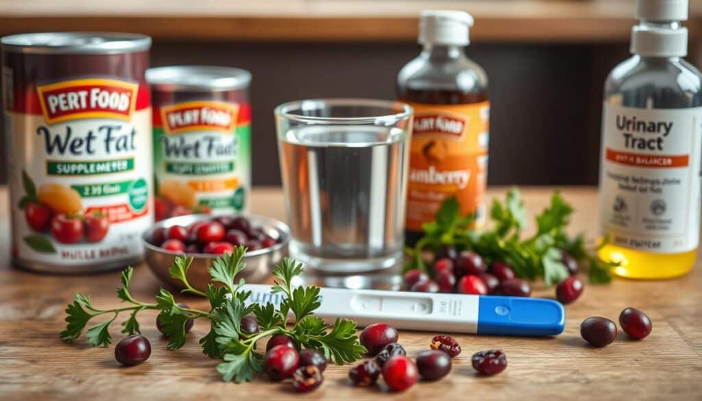 A still-life composition showcasing key ingredients for feline urinary support. On a wooden surface, an arrangement of wet cat food cans, cranberry supplements, and a glass of water reflecting the natural light. In the foreground, a sprig of parsley and a scattering of dried cranberries adding pops of color. The middle ground features a urinalysis test strip and a bottle of urinary pH balancer. The background has a slightly blurred effect, emphasizing the central focus on the essential nutrients for cat urinary tract health.