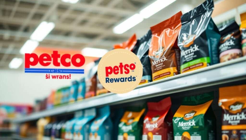 A well-lit, high-quality photograph of a Petco Pals Rewards shelf prominently displaying a variety of Merrick dog food bags. The shelf is situated in the center of the frame, with the Petco Pals Rewards logo clearly visible. The Merrick dog food bags are arranged neatly, showcasing their branding and various flavors. The background is slightly blurred, creating a focus on the foreground display. The lighting is soft and even, highlighting the vibrant colors of the packaging. The image conveys a sense of a well-stocked, organized pet supply section, inviting the viewer to explore the Merrick dog food options available at Petco.