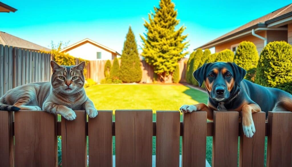 dogs and cats separation, two pets resting on opposite sides of a wooden fence, cats on one side and dogs on the other, sunlight filtering through the slats, creating a warm, golden glow, the animals maintaining a safe distance, tension and wariness in their body language, a well-manicured suburban backyard in the background, lush greenery and a clear blue sky, the scene conveying the need for caution and careful management when felines and canines cohabit, a sense of unease and boundary preservation.