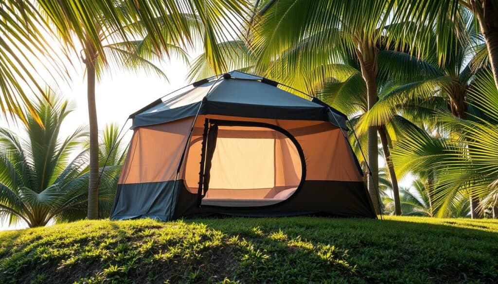 A compact, collapsible tent design with a sturdy metal frame and durable, water-resistant fabric canopy. The tent effortlessly pops open and folds down for easy transportation and storage. Soft, diffused lighting emanates from within, creating a warm and inviting ambiance. The tent is situated on a lush, grassy knoll, surrounded by tropical foliage and swaying palm fronds. Sunlight filters through the leaves, casting a gentle, golden glow across the scene. The overall atmosphere exudes a sense of relaxation and everyday, island-inspired living. A compact, collapsible tent design with a sturdy metal frame and durable, water-resistant fabric canopy. The tent effortlessly pops open and folds down for easy transportation and storage. Soft, diffused lighting emanates from within, creating a warm and inviting ambiance. The tent is situated on a lush, grassy knoll, surrounded by tropical foliage and swaying palm fronds. Sunlight filters through the leaves, casting a gentle, golden glow across the scene. The overall atmosphere exudes a sense of relaxation and everyday, island-inspired living.