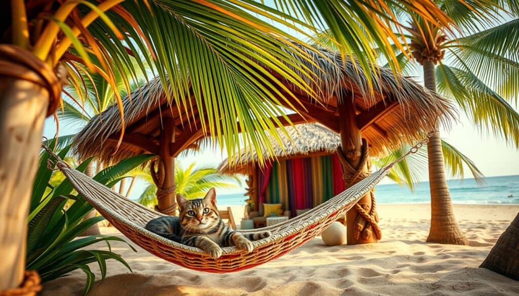 A cozy cat tiki tent nestled in a lush tropical paradise. The foreground features a plush, striped cat lounging in a handwoven hammock beneath a thatched-roof cabana. Vibrant palm fronds sway in the gentle breeze, creating a warm, island atmosphere. The middle ground showcases a tiki-inspired structure with carved wooden beams and colorful, patterned fabrics. The background depicts a serene beach with soft, golden sand and gently lapping waves. Warm, soft lighting bathes the scene, creating a welcoming, island-inspired ambiance. The lens captures this tranquil, feline-friendly oasis from a slightly elevated, wide-angle perspective. A cozy cat tiki tent nestled in a lush tropical paradise. The foreground features a plush, striped cat lounging in a handwoven hammock beneath a thatched-roof cabana. Vibrant palm fronds sway in the gentle breeze, creating a warm, island atmosphere. The middle ground showcases a tiki-inspired structure with carved wooden beams and colorful, patterned fabrics. The background depicts a serene beach with soft, golden sand and gently lapping waves. Warm, soft lighting bathes the scene, creating a welcoming, island-inspired ambiance. The lens captures this tranquil, feline-friendly oasis from a slightly elevated, wide-angle perspective.
