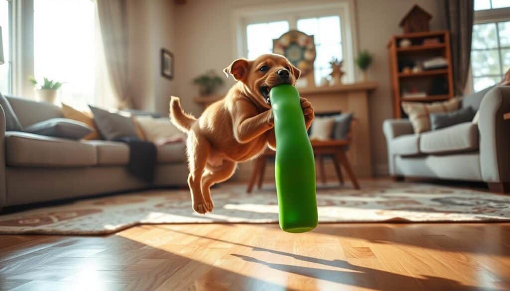 A cozy living room scene where a playful puppy joyfully interacts with a Jumbo Gumby dog toy. Soft natural lighting filters through large windows, casting a warm glow on the hardwood floors. The puppy, a Labrador retriever mix, is seen mid-leap, its furry body and wagging tail in motion as it playfully tugs and chews on the brightly colored, flexible Gumby toy. The room is adorned with plush furnishings and decorative elements, creating a welcoming, family-friendly atmosphere. The overall mood is one of care, comfort, and the simple pleasures of pet playtime. A cozy living room scene where a playful puppy joyfully interacts with a Jumbo Gumby dog toy. Soft natural lighting filters through large windows, casting a warm glow on the hardwood floors. The puppy, a Labrador retriever mix, is seen mid-leap, its furry body and wagging tail in motion as it playfully tugs and chews on the brightly colored, flexible Gumby toy. The room is adorned with plush furnishings and decorative elements, creating a welcoming, family-friendly atmosphere. The overall mood is one of care, comfort, and the simple pleasures of pet playtime.