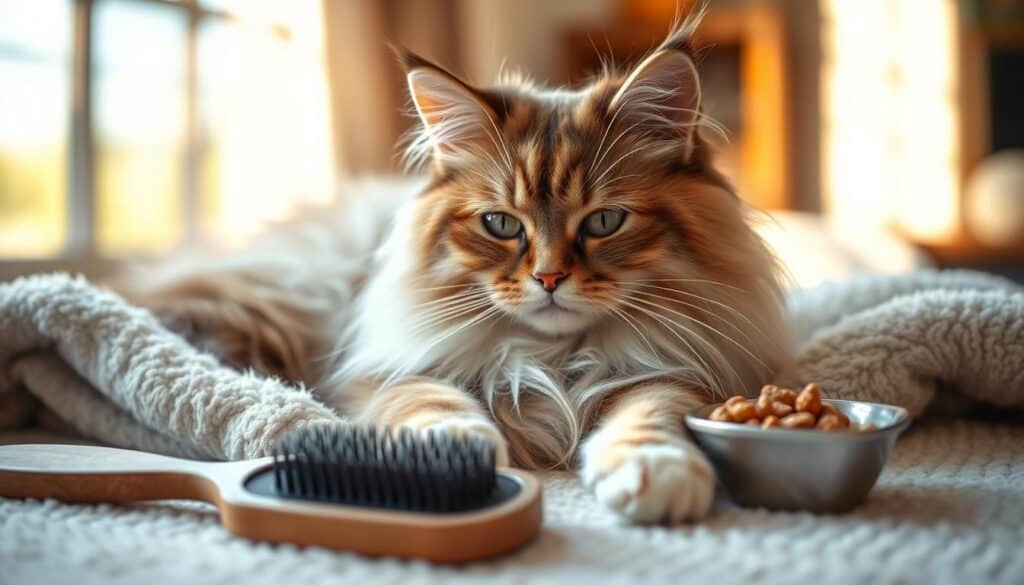 A graceful munchkin longhair cat resting peacefully on a fluffy blanket, its long, silky fur gently brushed by the soft, warm sunlight filtering through a nearby window. In the foreground, the cat's paws are neatly tucked, and its large, expressive eyes convey a sense of contentment. The middle ground features a grooming brush and a small bowl of cat treats, hinting at the gentle care and attention the cat receives. The background is softly blurred, creating a cozy, intimate atmosphere that emphasizes the cat's comfort and well-being.