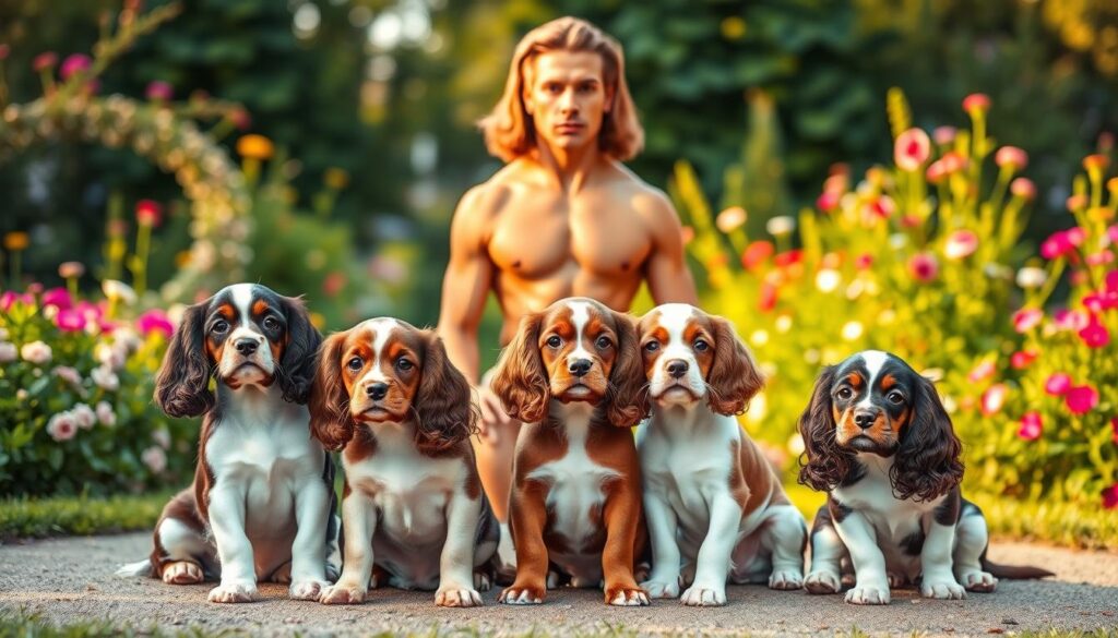 A group of elegant English toy spaniels posing gracefully in a lush, well-lit garden setting. In the foreground, three playful pups with silky, wavy coats in a range of colors - chestnut, white, and tri-color - sit attentively, their expressive eyes and floppy ears capturing the breed's charming and affectionate temperament. In the middle ground, an adult male spaniel stands tall, his muscular build and regal bearing showcasing the breed's confident and noble nature. The background features a verdant, blooming landscape with vibrant flowers and a soft, diffused lighting that bathes the scene in a warm, golden glow, evoking a sense of tranquility and timeless elegance.