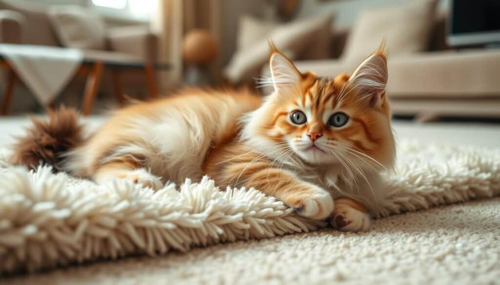 A munchkin cat lounging peacefully on a plush, cream-colored rug, its long, silky fur shimmering in the soft, diffused lighting. The feline's alert, curious gaze suggests an engaging, playful personality, while its relaxed posture conveys a sense of contentment. The scene is framed by a cozy, inviting living room, with muted, earthy tones that create a warm, welcoming atmosphere. The camera angle is slightly elevated, capturing the cat's endearing features and proportions in a flattering, three-quarter profile. The overall composition and mood evoke the gentle, affectionate nature of this unique breed.
