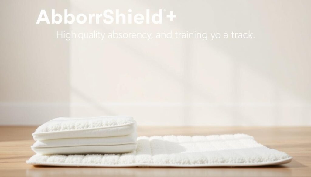A photo of AbsorbShield+ pee pads for dogs, showcasing their high-quality absorbency and clean, minimalist design. The pads are prominently displayed in the foreground, backlit by soft, natural lighting that emphasizes their soft, plush texture. The middle ground features a clean, neutral-toned background, allowing the product to be the focal point. The overall mood is calming and inviting, conveying the pads' ability to keep homes clean and training on track, as stated in the section title. A photo of AbsorbShield+ pee pads for dogs, showcasing their high-quality absorbency and clean, minimalist design. The pads are prominently displayed in the foreground, backlit by soft, natural lighting that emphasizes their soft, plush texture. The middle ground features a clean, neutral-toned background, allowing the product to be the focal point. The overall mood is calming and inviting, conveying the pads' ability to keep homes clean and training on track, as stated in the section title.