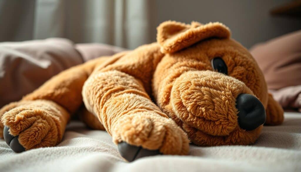 A plush, oversized dog toy rests on a soft, velvety surface. The toy is a warm, earthy tan color with intricate stitching that gives it a premium, handcrafted look. Diffused lighting from above creates a cozy, intimate atmosphere, casting gentle shadows that accentuate the toy's plush, inviting texture. The camera angle is low, drawing the viewer's attention to the toy's scale and prominent position, suggesting it is the focal point for a relaxed, nurturing moment between a large dog and its owner. The background is softly blurred, keeping the emphasis on the tactile, comforting nature of the toy.
